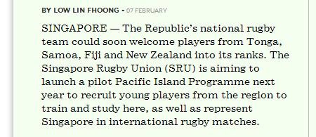 Singapore Rugby prepares for imports. (via TodayOnline)