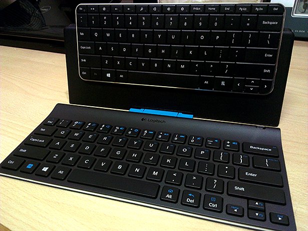 Visual comparison of the Tablet Keyboard and Wedge. The Wedge is mounted on Logitech's stand.